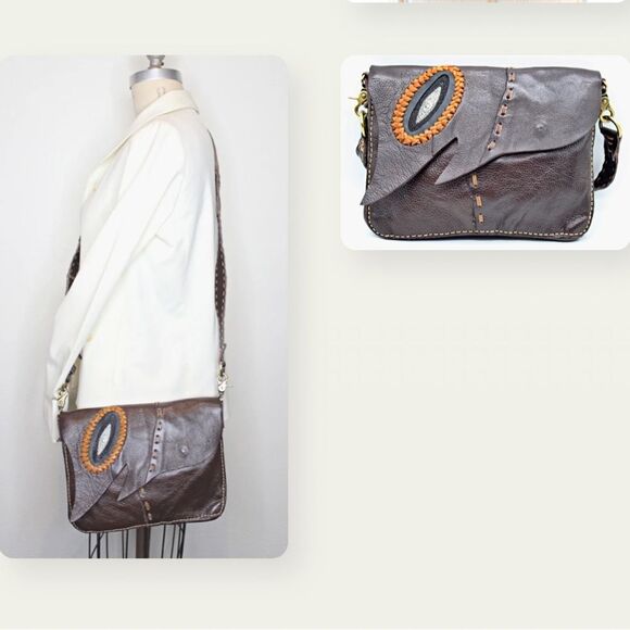 Atlas Goods Handmade Bohemian Brown Stingray Leather Evil Eye Messenger Bag - Picture 1 of 7
